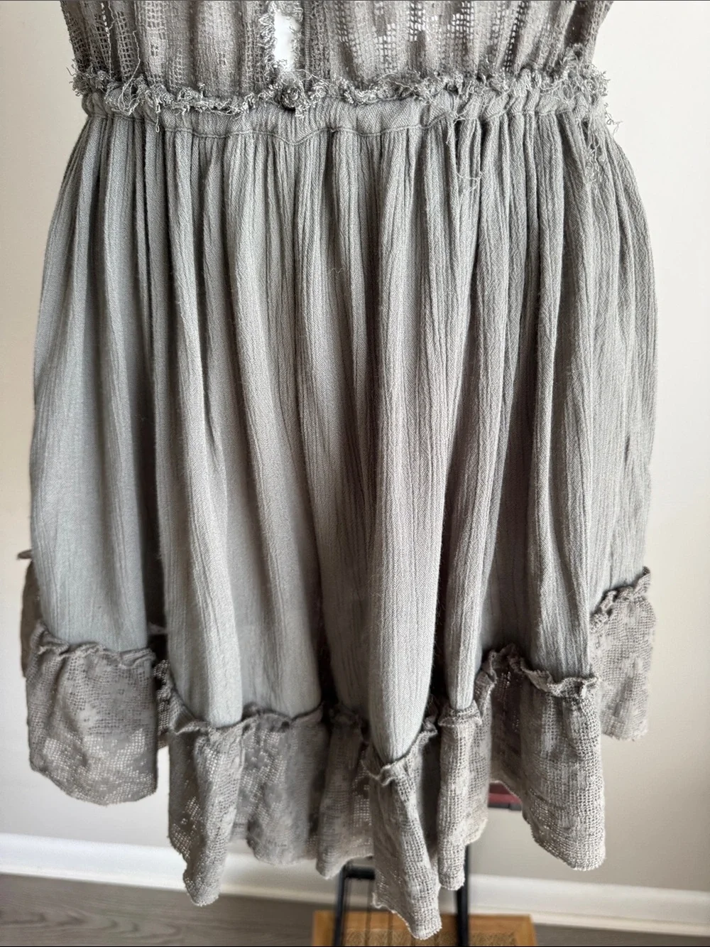 Free People Boho Open Back Halter Romper Gauze Lace Tassel Gray Taupe Size S